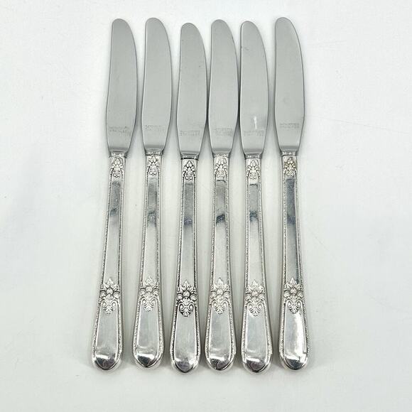 1847 Rogers ADORATION Set of 6 Table Knives 8 5/8” Silver-plate Flatware 1930 - Picture 1 of 6